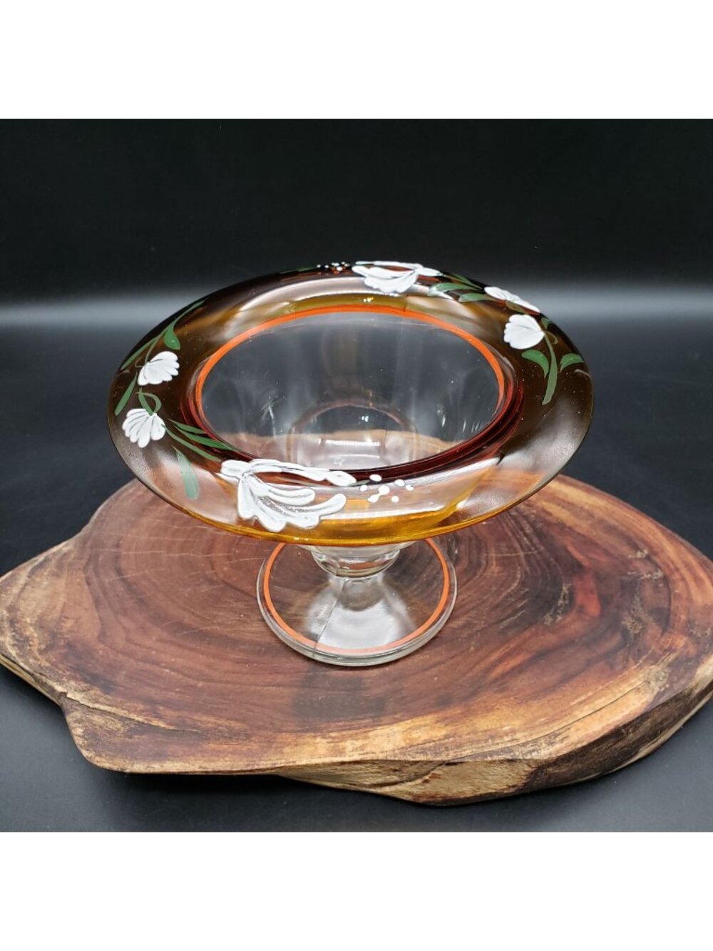 Vintage Hand Painted Amber Glass Compote Pedestal Dish Floral 6.25"